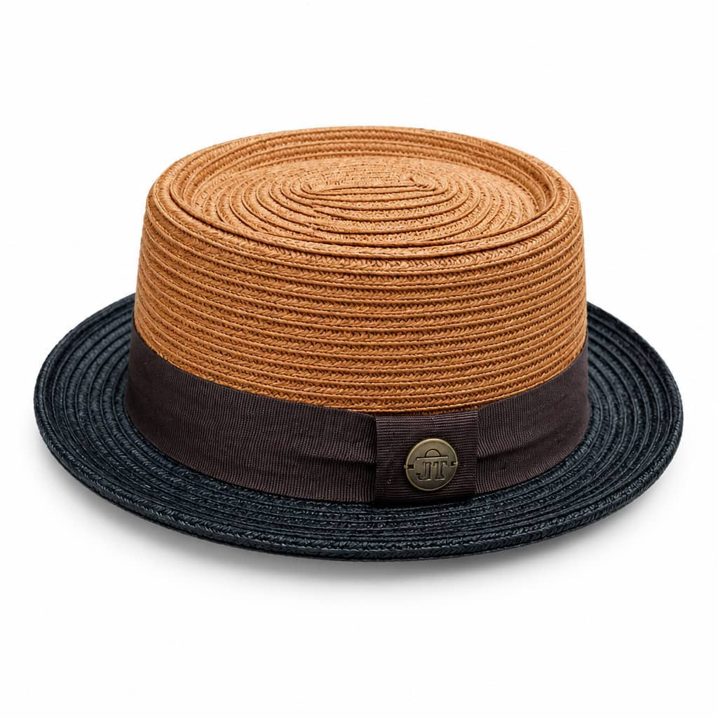 Men’s Two-Tone Braided Straw Pork Pie Hat – Cognac & Navy