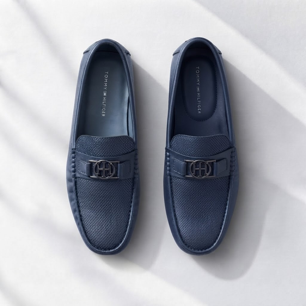 TOMMY HILFIGER Men's Executive Navy Blue Slip-On Loafers with Metallic TH Monogram Hardware