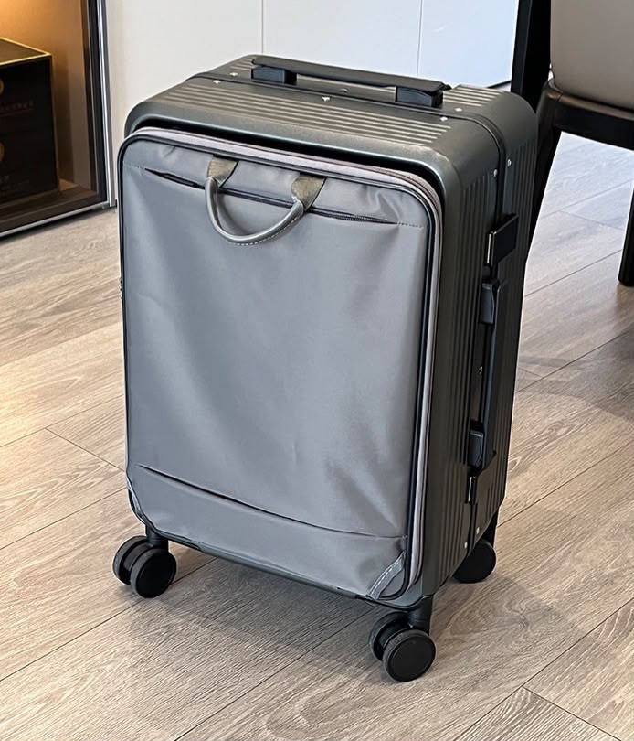 Executive Metallic Grey Hard Shell Carry-On Travel Suitcase – Front-Access Fabric Workstation Pocket with Spinner Wheels