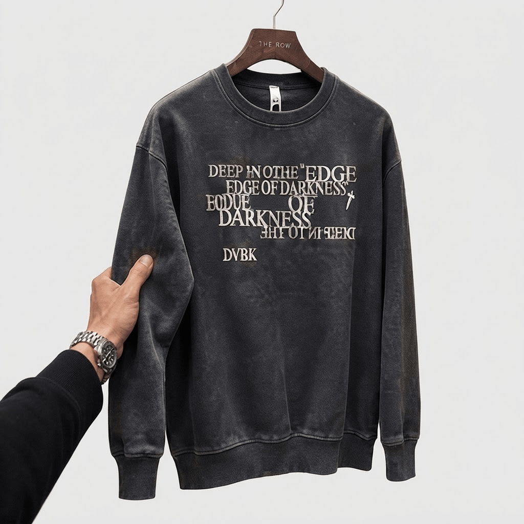 Men's Stylish Washed Black Long-Sleeve Crew Neck Sweatshirt