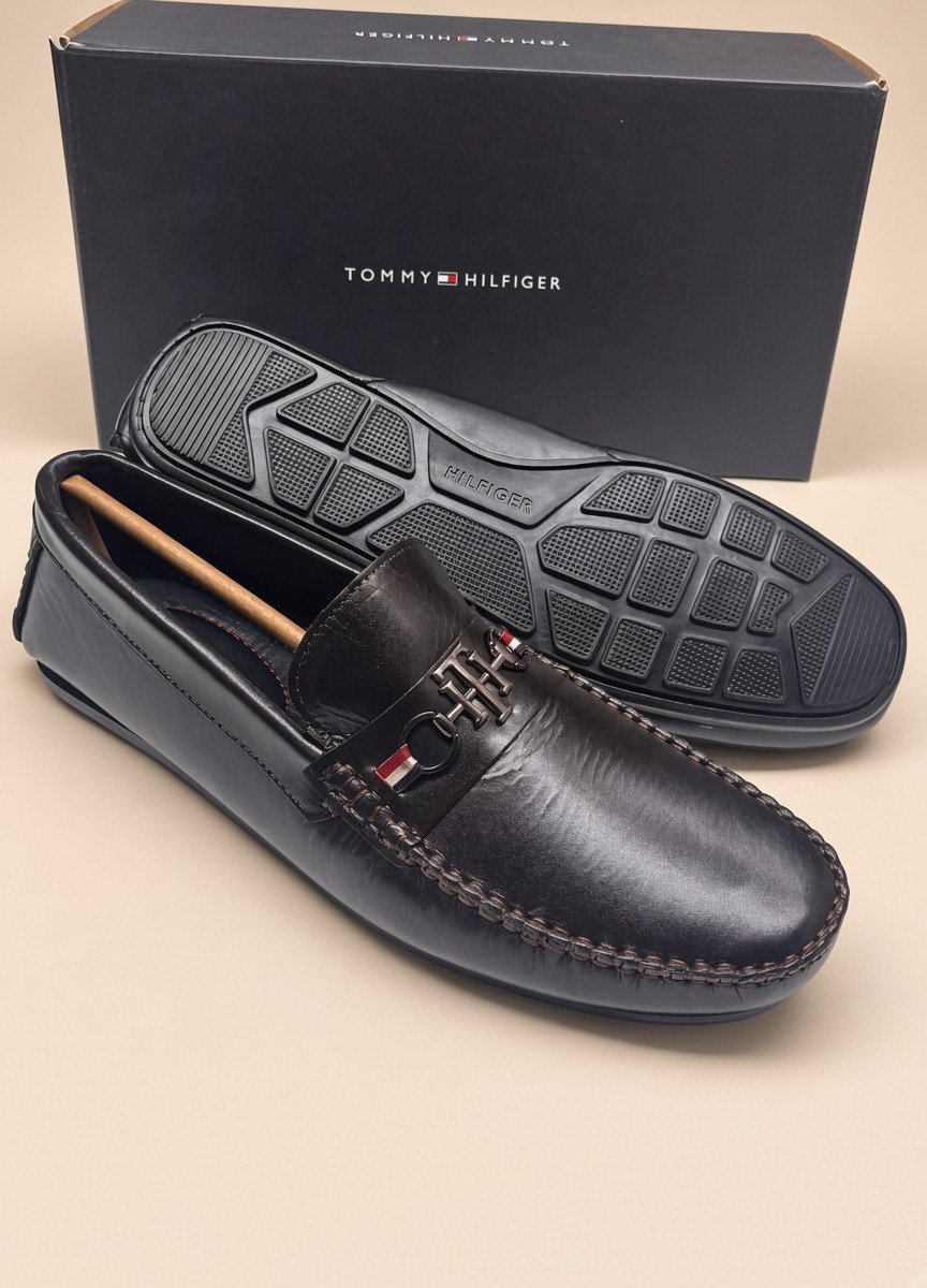 Tommy Hilfiger Men's Dark Brown Leather Bit Loafer with Tricolor Accent – Driving Shoes with Box