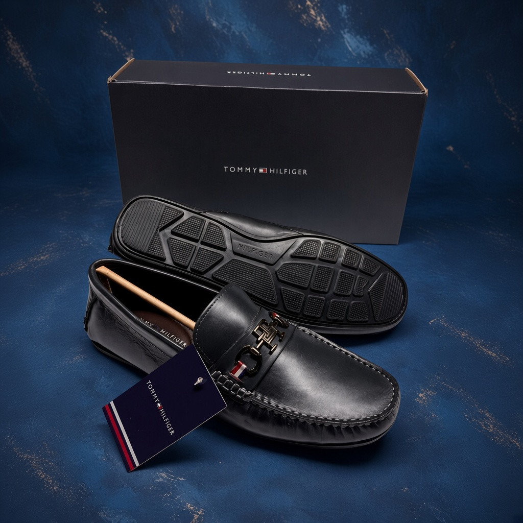 TOMMY HILFIGER Men's Executive Blue Smooth Leather Slip-On Loafers with Metallic Hardware & Ribbon Detail