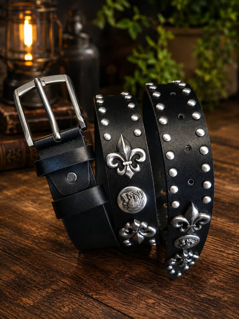 Men's Vintage  PU Leather Belt with Silver Studs, Fleur-de-lis Motifs & Classic Metal Pin Buckle