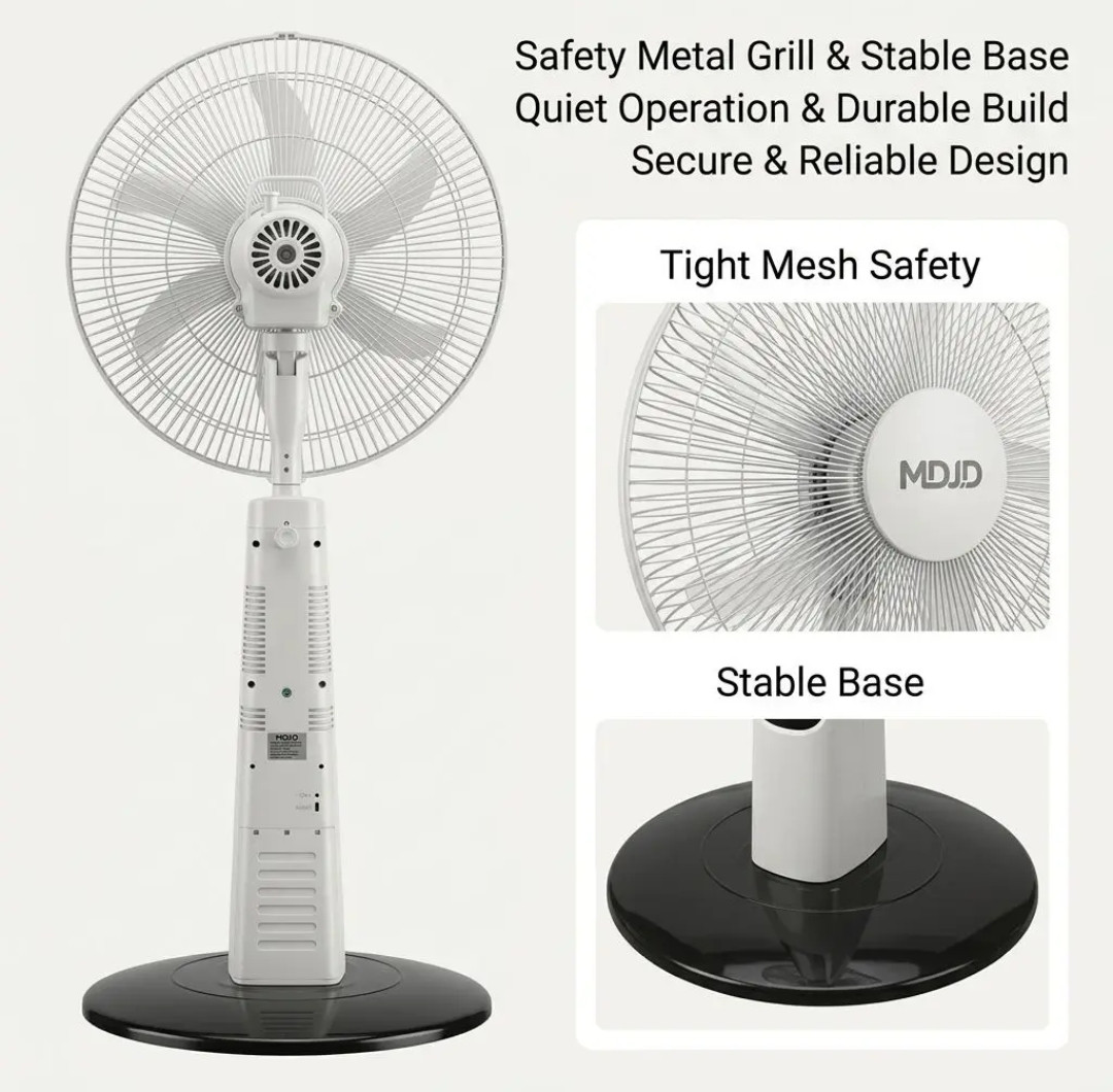 MDJD 16-Inch Heavy-Duty Rechargeable Standing Pedestal Fan – Tight Mesh Safety Metal Grill, Quiet Motor & Stable Weighted Base
