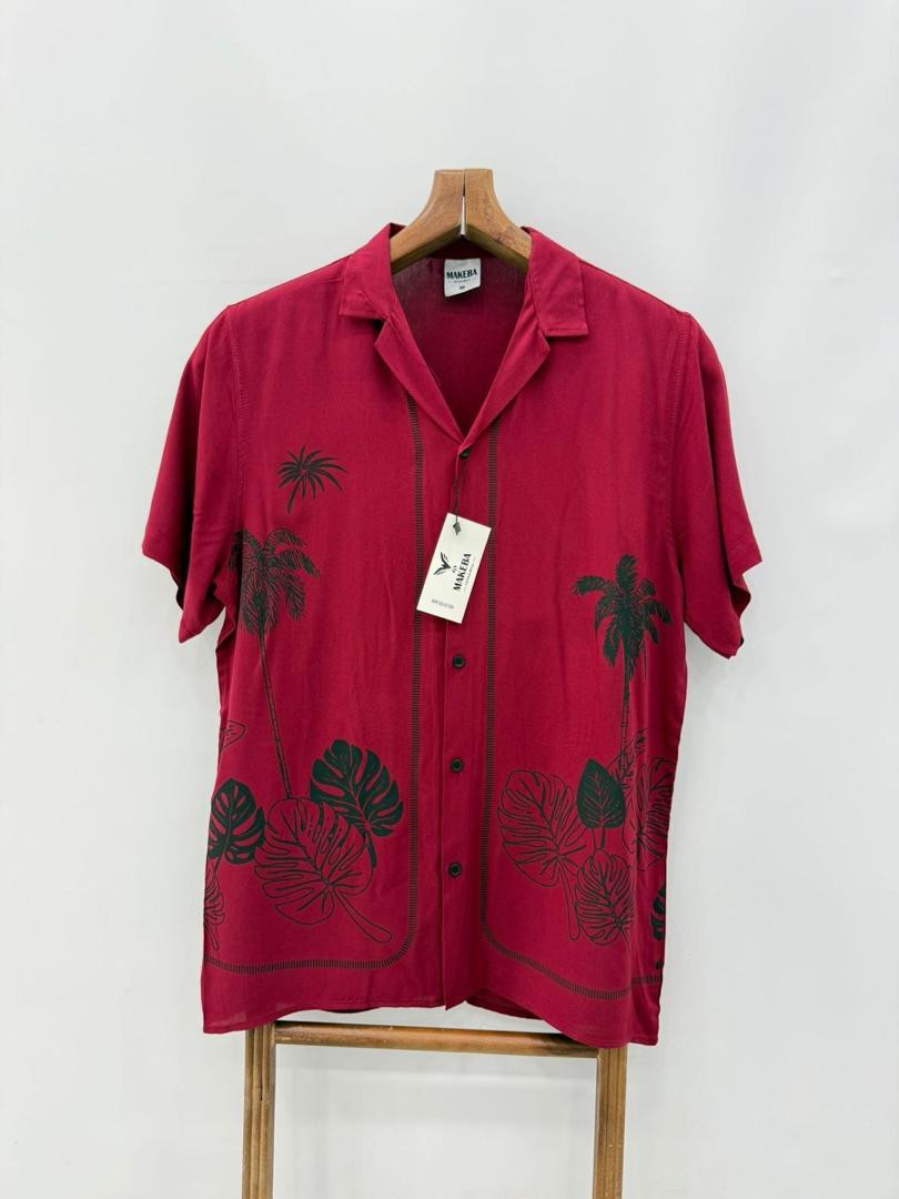 MAKERA Men’s Deep Red Short Sleeve Cuban Collar Shirt – Black Palm Tree & Monstera Leaf Print