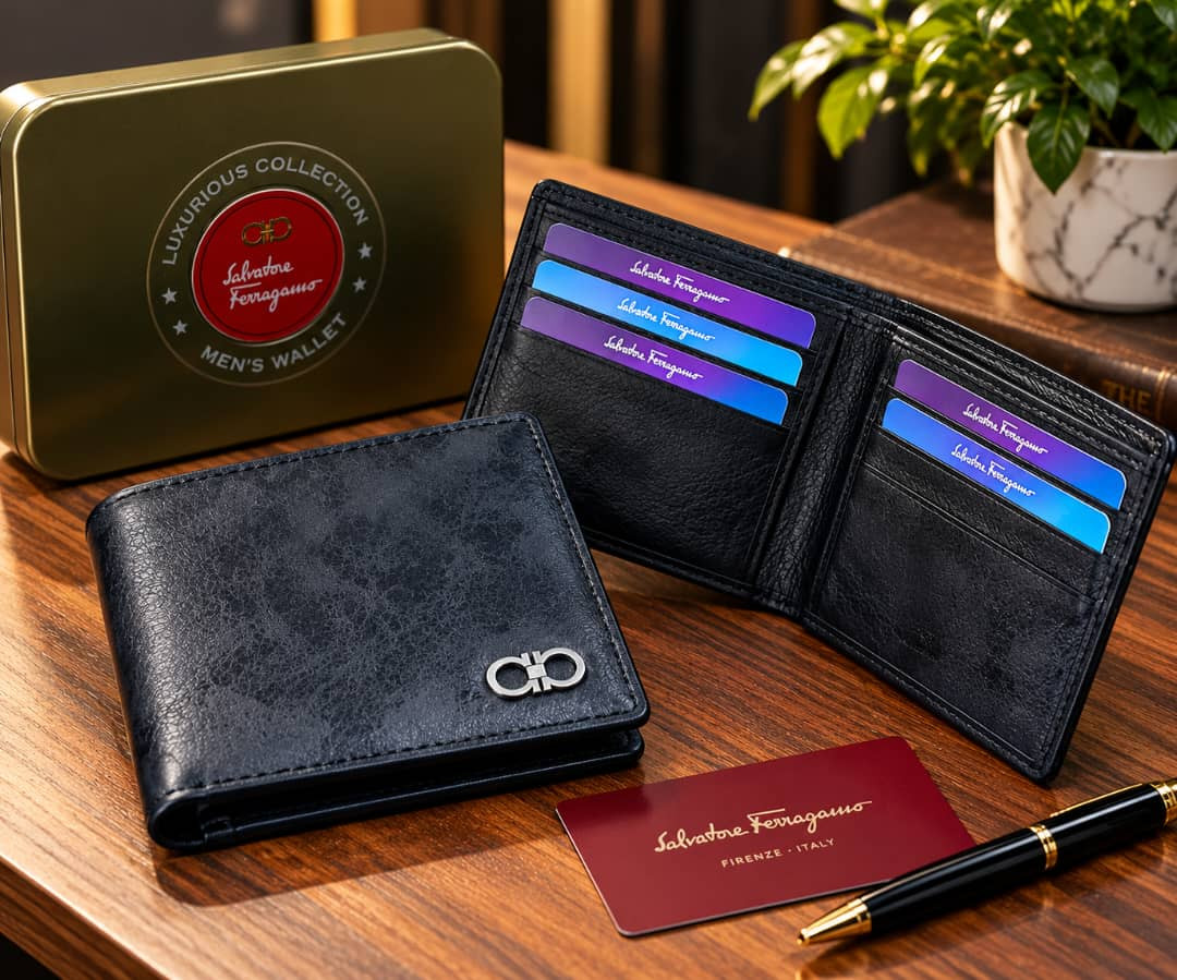 Designer  Men's Genuine Leather Bifold Wallet Gift Set – Black Leather Purse with Branded Metallic Tin Box & Certificate Card