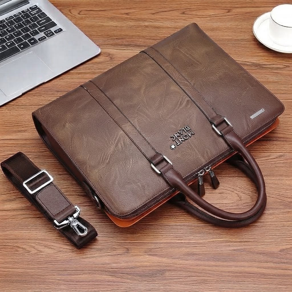 Men's Brown Textured Business Briefcase with Detachable Shoulder Strap