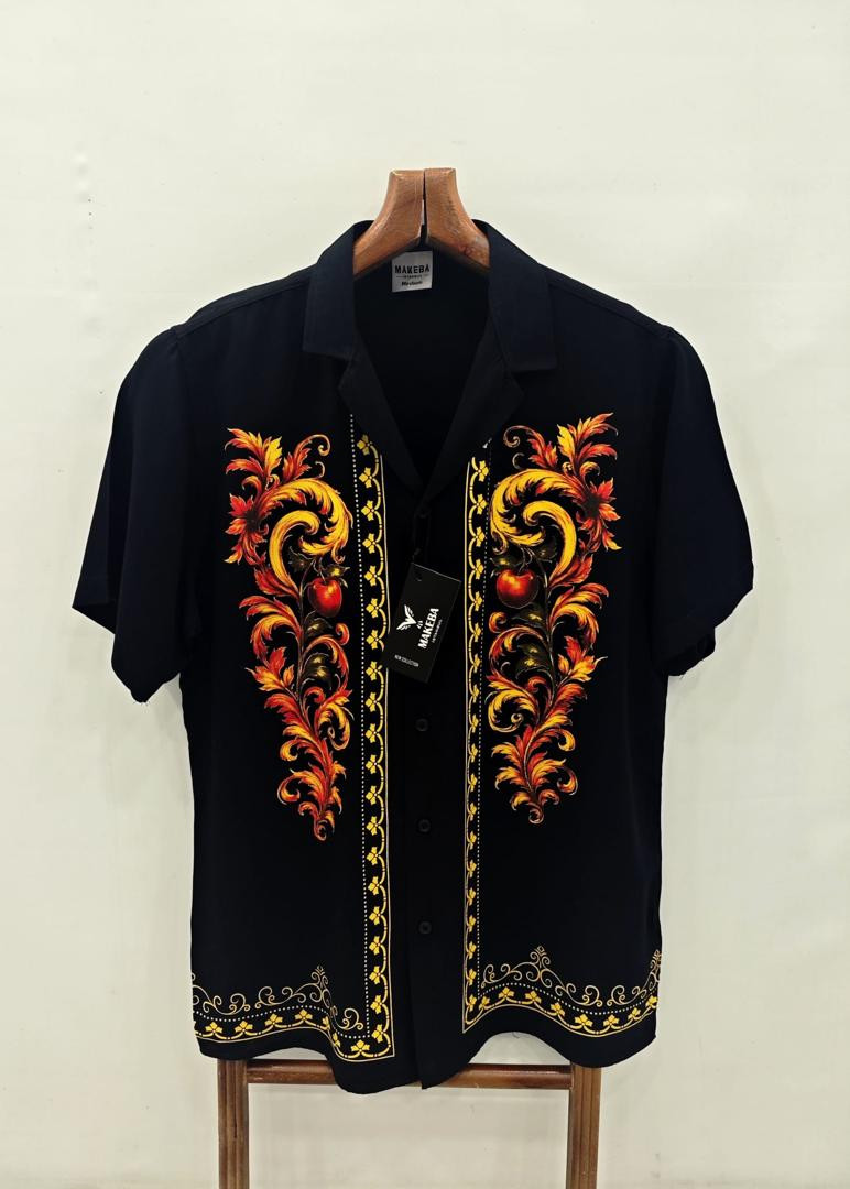 MAKEBA Men's Black Ornamental Floral Print Short Sleeve Button-Up Shirt
