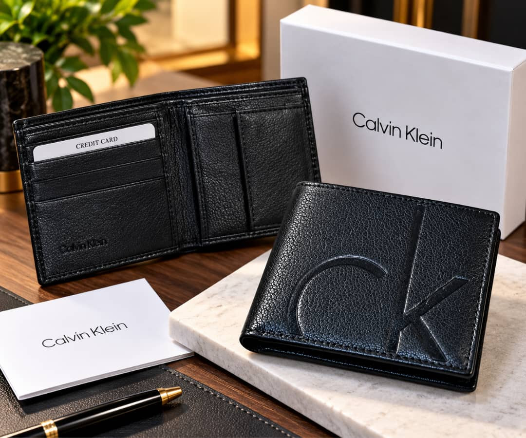 Designer  Men's Genuine Leather Bifold Wallet Gift Set – Black Leather Purse with Branded Metallic Tin Box & Certificate Card