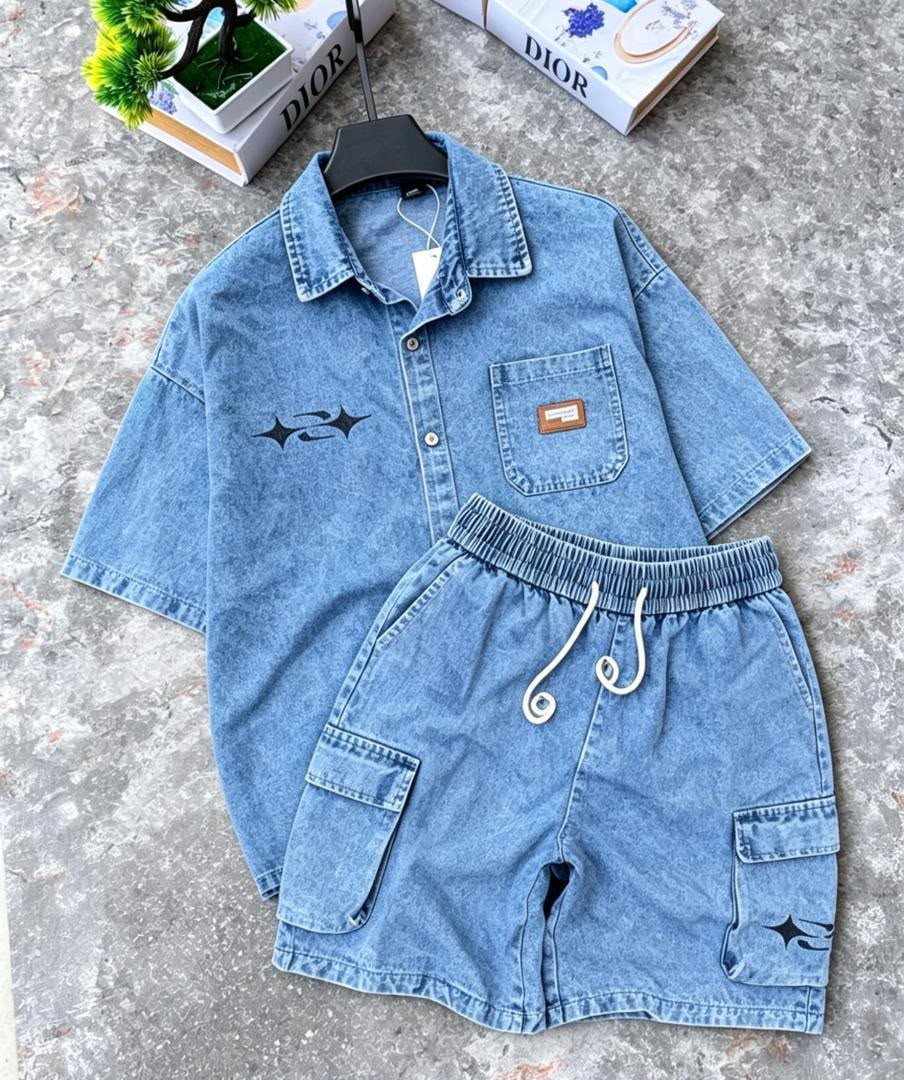 Premium Vintage Black Denim Co-Ord Set – Graphic Embroidered Shirt & Drawstring Cargo Shorts