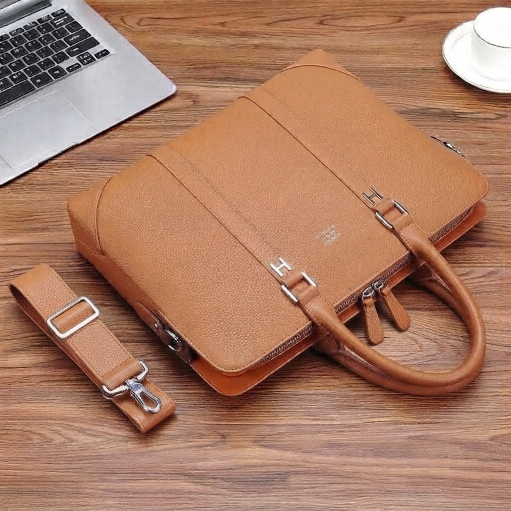 Men's Hermes-Style Tan Brown Textured Leather Executive Briefcase – Business Laptop Bag & Shoulder Messenger
