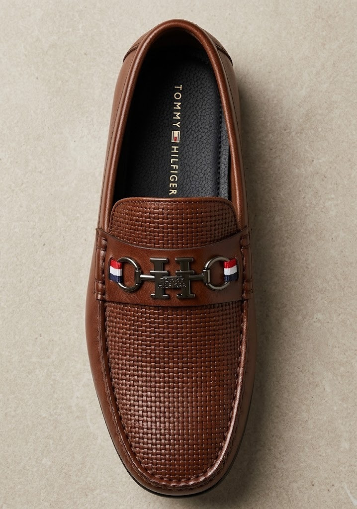 Tommy Hilfiger Men's Brown Textured Slip-On Loafers with TH Hardware