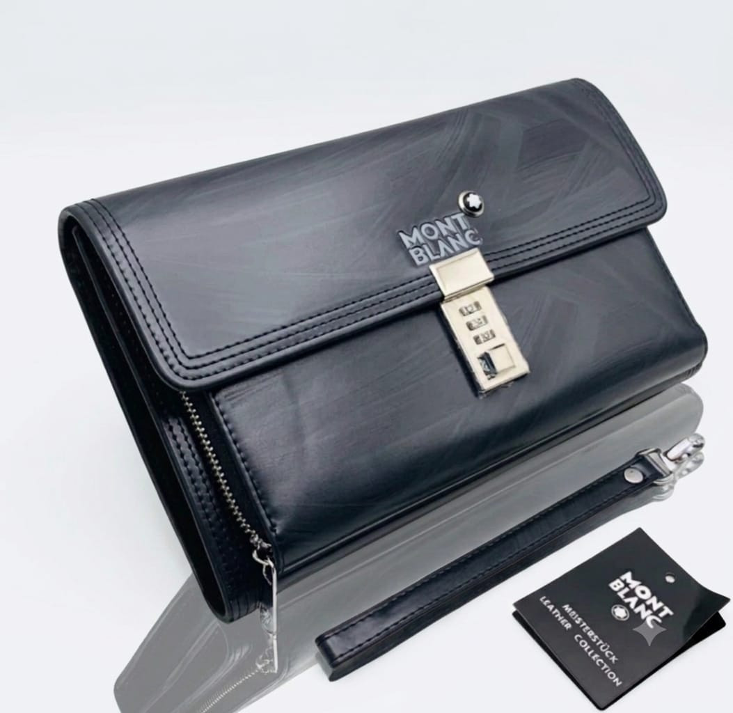 Luxury MONTBLANC Meisterstück Leather Clutch Bag for Men – Executive Black Organizer Wallet Pouch with Silver Combination Lock & Wristlet Strap