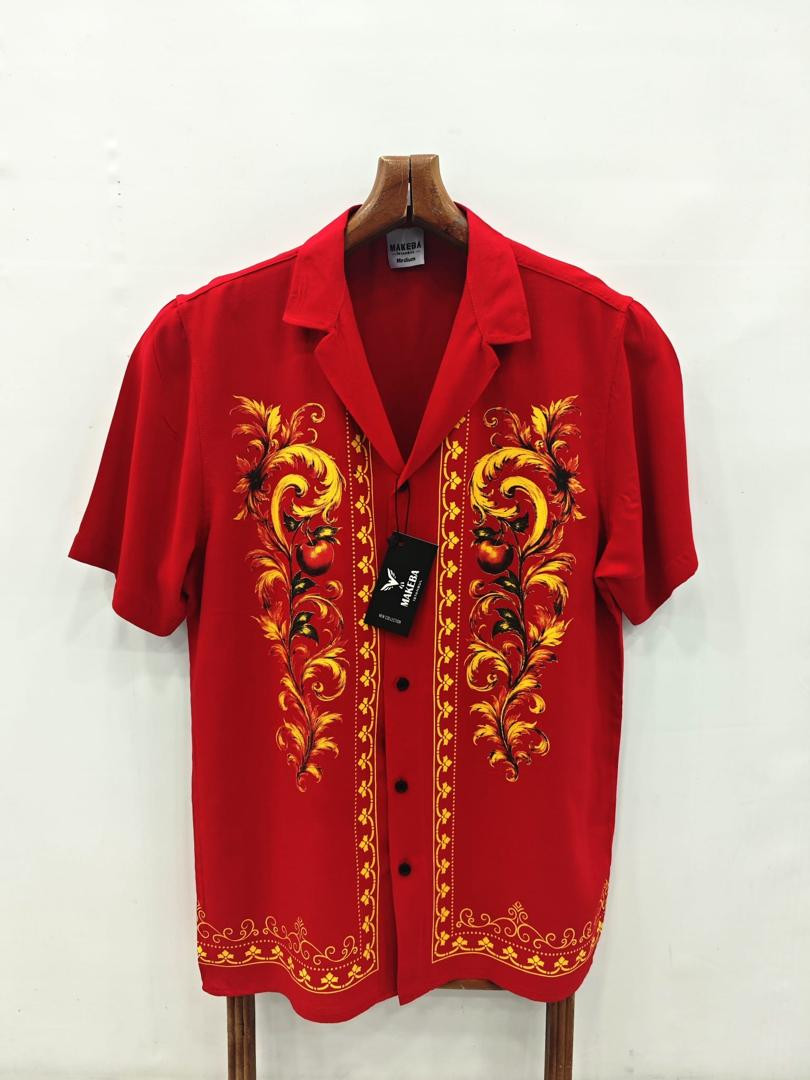 MAKERA Men’s Red Short Sleeve Button-Up Shirt – Gold Floral Embroidery / Baroque Print – Cuban Collar Casual Shirt