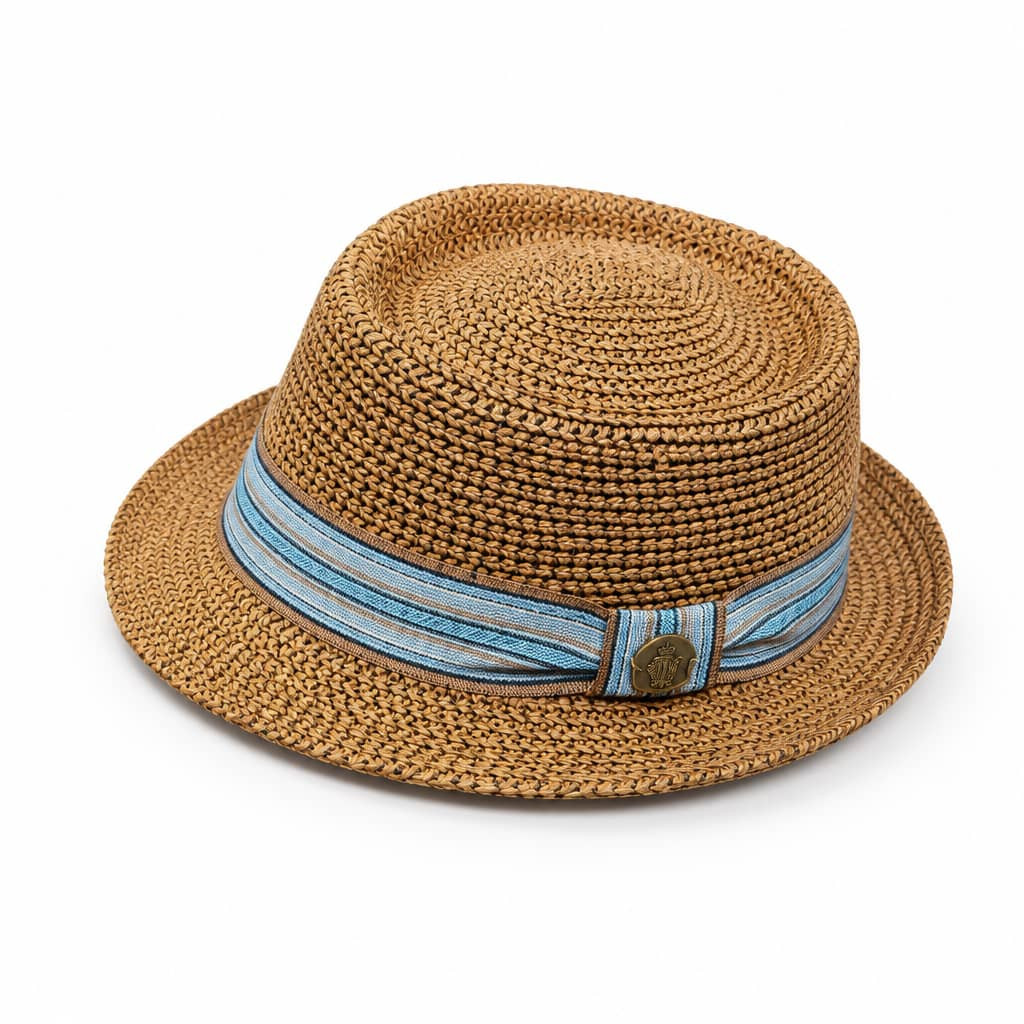 Vintage Cognac Brown Straw Pork Pie Sun Hat for Men – Breathable Woven Summer Fedora with Sky Blue Striped Ribbon Hatband & Metallic Crest
