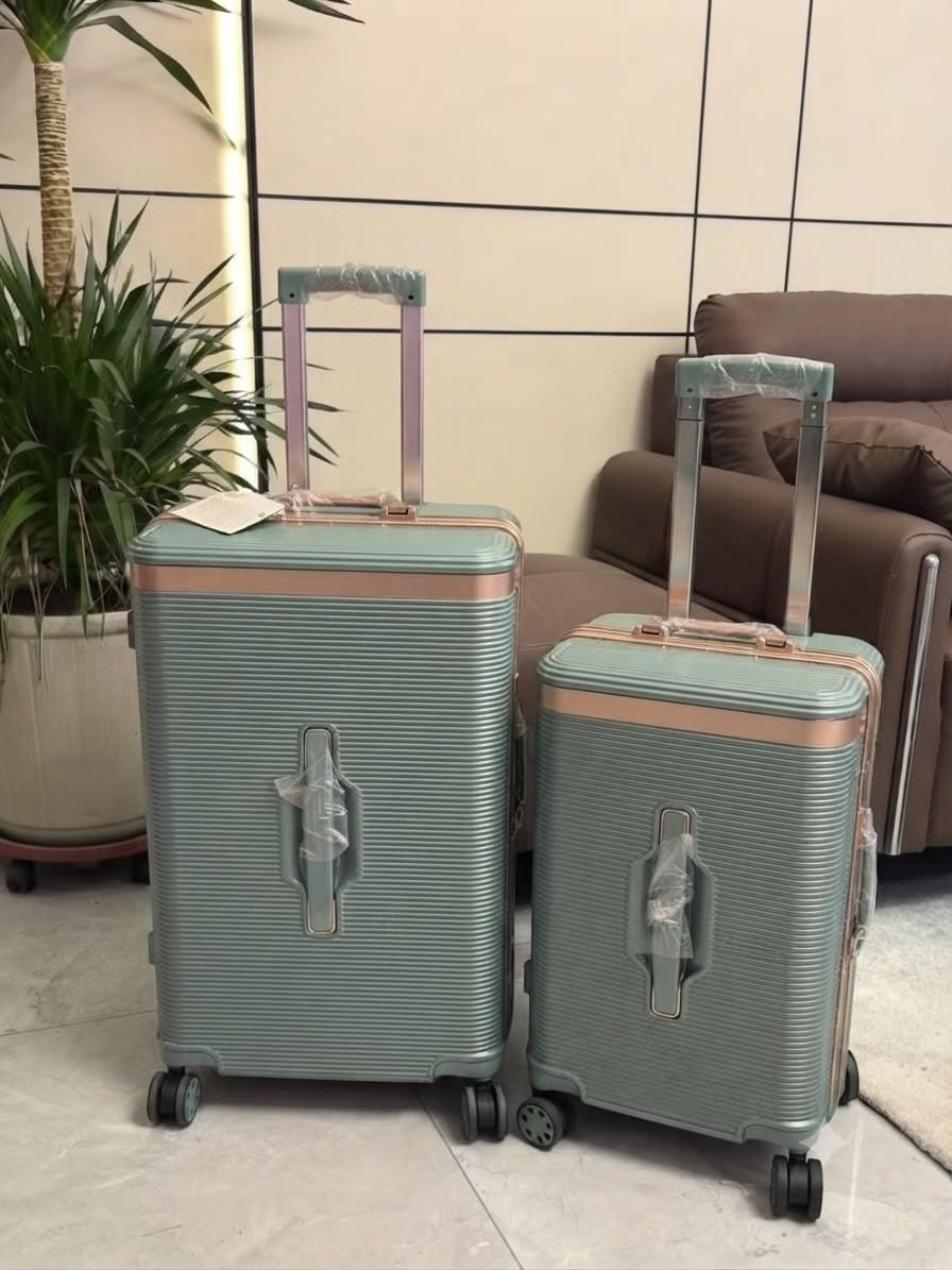 Modern Sage Green Hard Shell Travel Trolley Suitcase Set with Rose Gold Frame Accents & Integrated Front Carry Handle