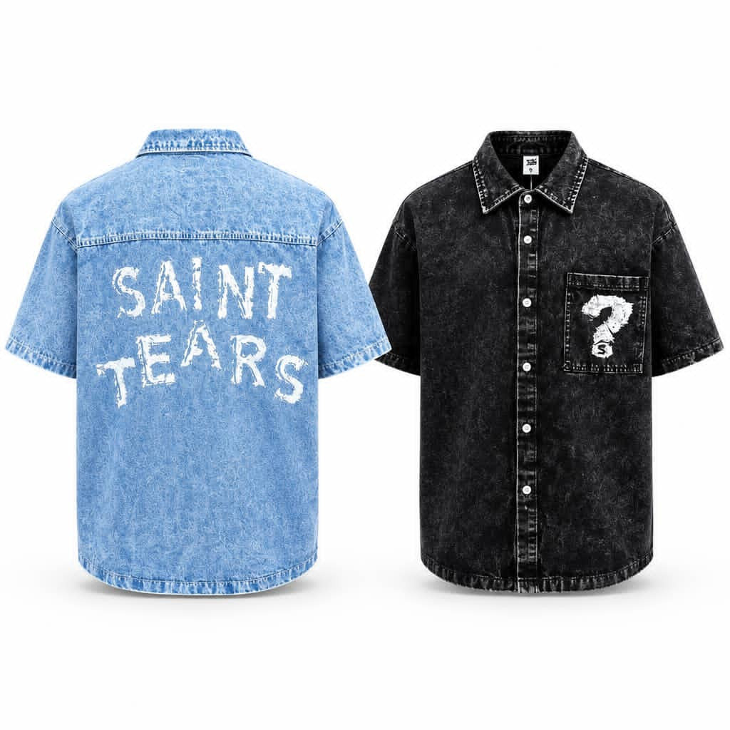 Men's Vintage Acid-Washed Short-Sleeve Denim Shirt – "SAINT TEARS" Back Graphic & Chest Pocket