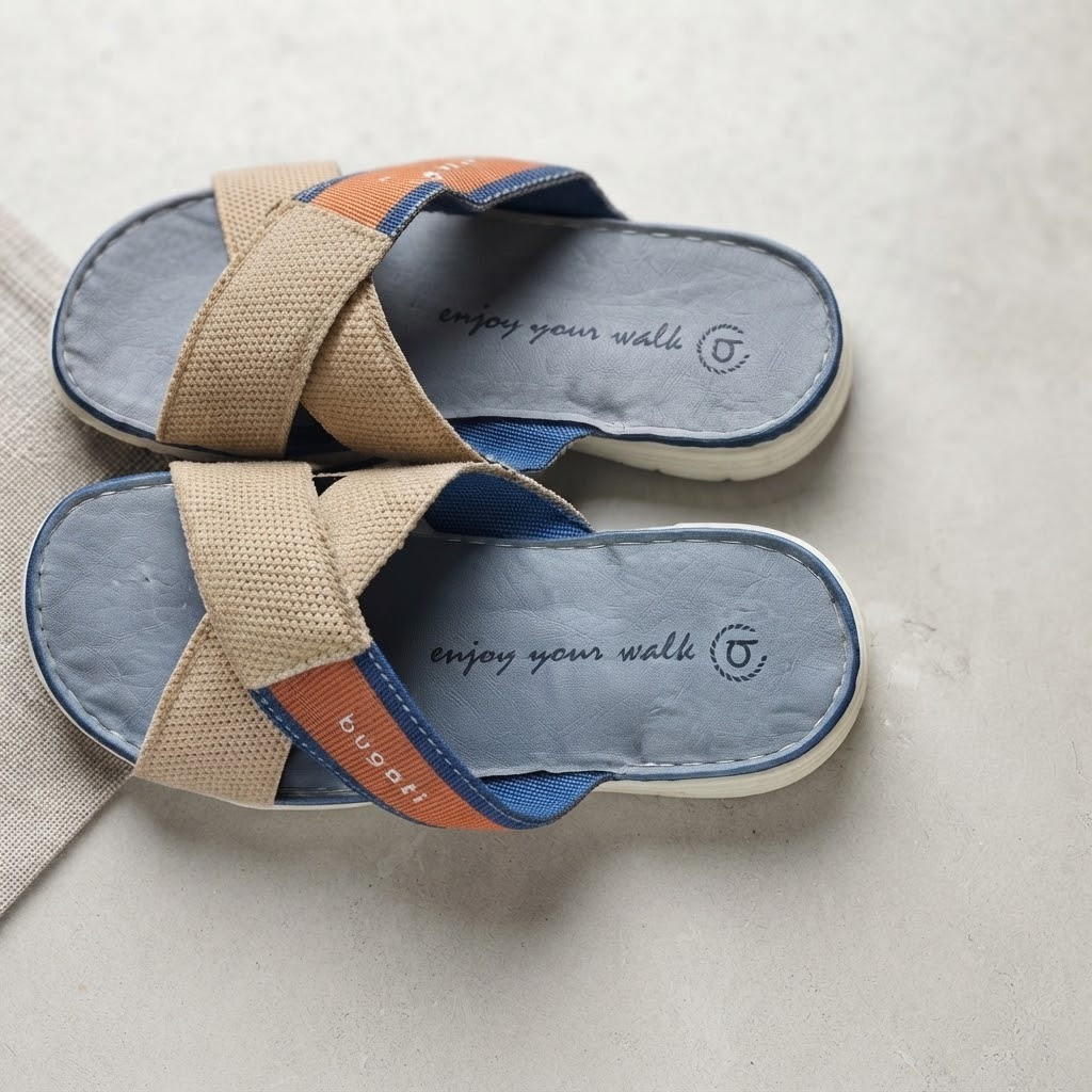 Men's Casual Cross-Strap Slippers – Beige & Blue Comfortable Slip-On Sandals