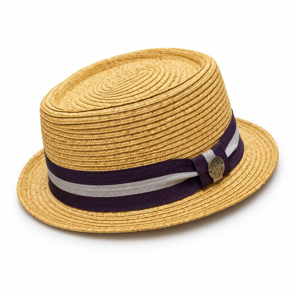 Vintage Natural Straw Pork Pie Sun Hat for Men – Breathable Woven Summer Fedora with Striped Ribbon Hatband & Metallic Crest