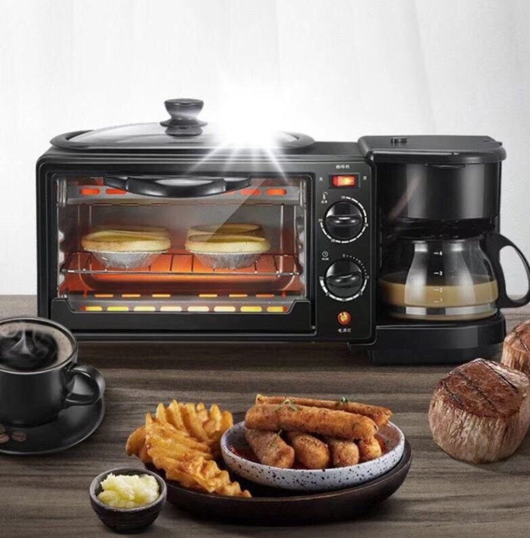 3-in-1 Breakfast Hub – Mini Toaster Oven, Top Non-Stick Frying Griddle Pan & Drip Coffee Pot Maker for Home & Office