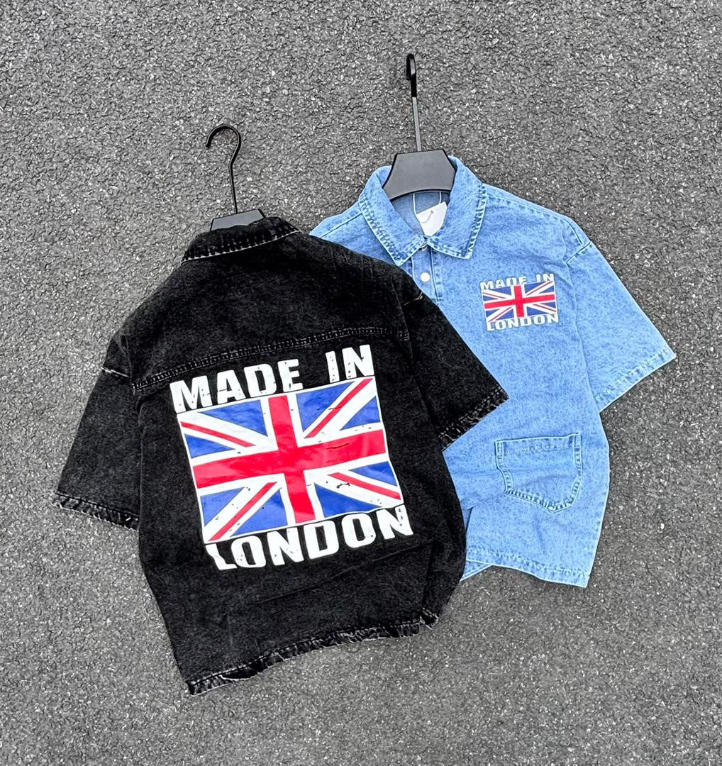 Men’s “Made in London” Short Sleeve Denim Shirt – Union Jack Print