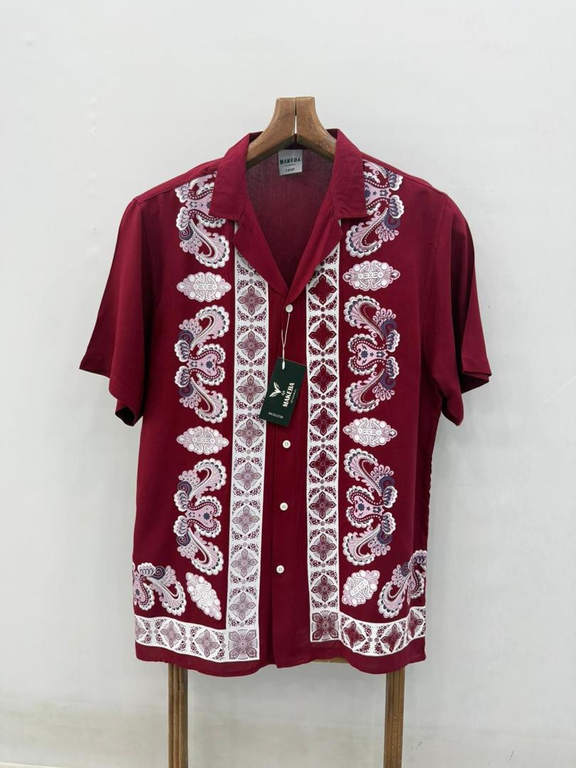MAKERA Men’s Burgundy Short Sleeve Cuban Collar Shirt – White & Pink Paisley Embroidery