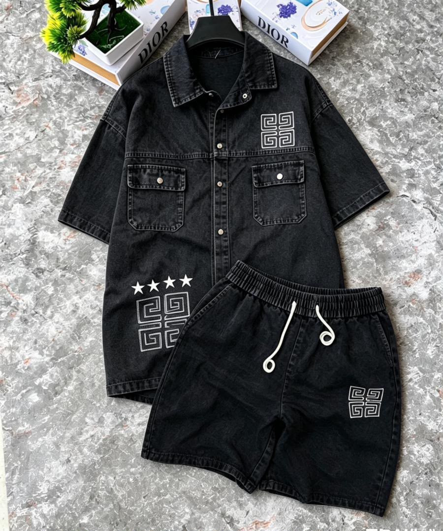 Men's Washed Black Denim 2-Piece Short-Sleeve Shirt & Cargo Shorts Set
