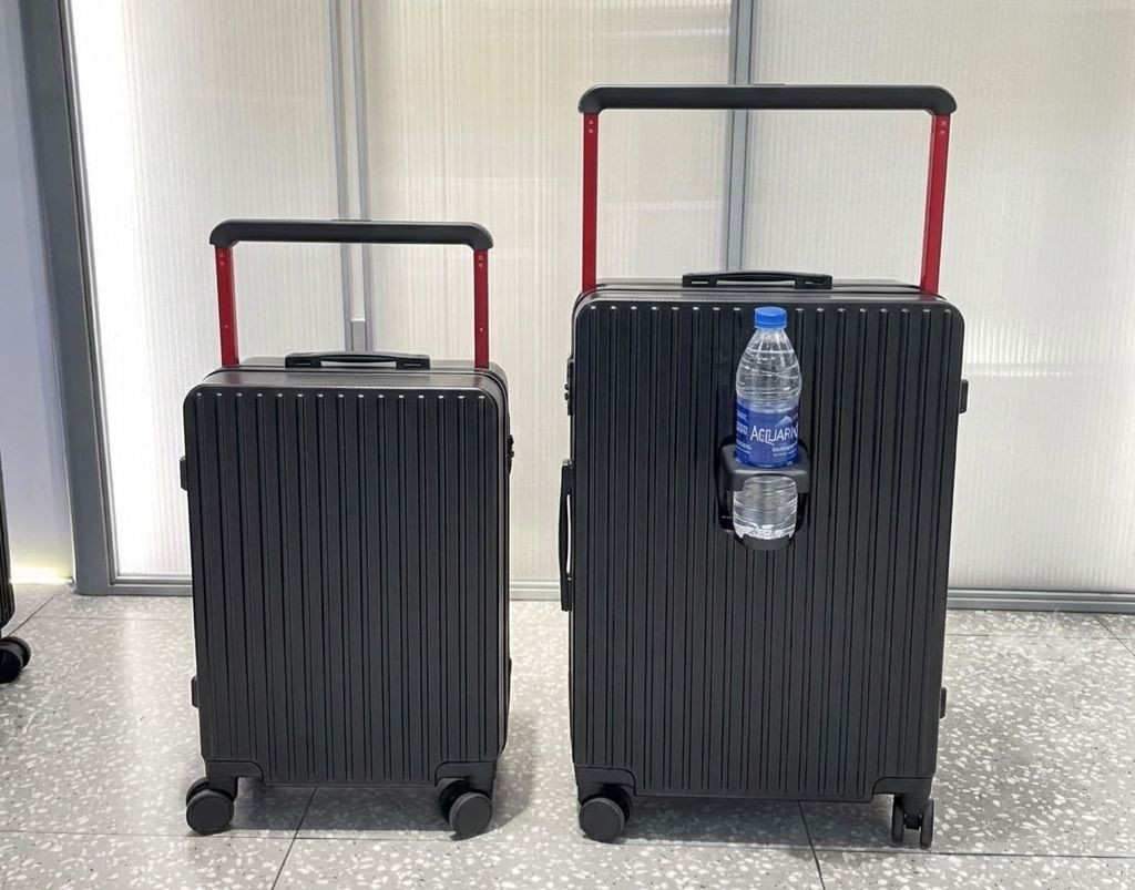Modern Metallic Grey Hard Shell Travel Trolley Suitcase Set with Foldable Cup Holder & Contrast Red Wide Telescopic Handle