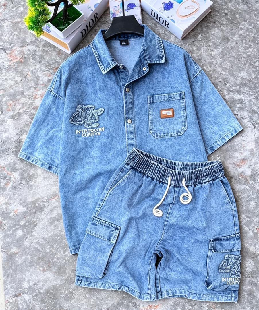 Men's Washed Black Denim 2-Piece Short-Sleeve Shirt & Cargo Shorts Set