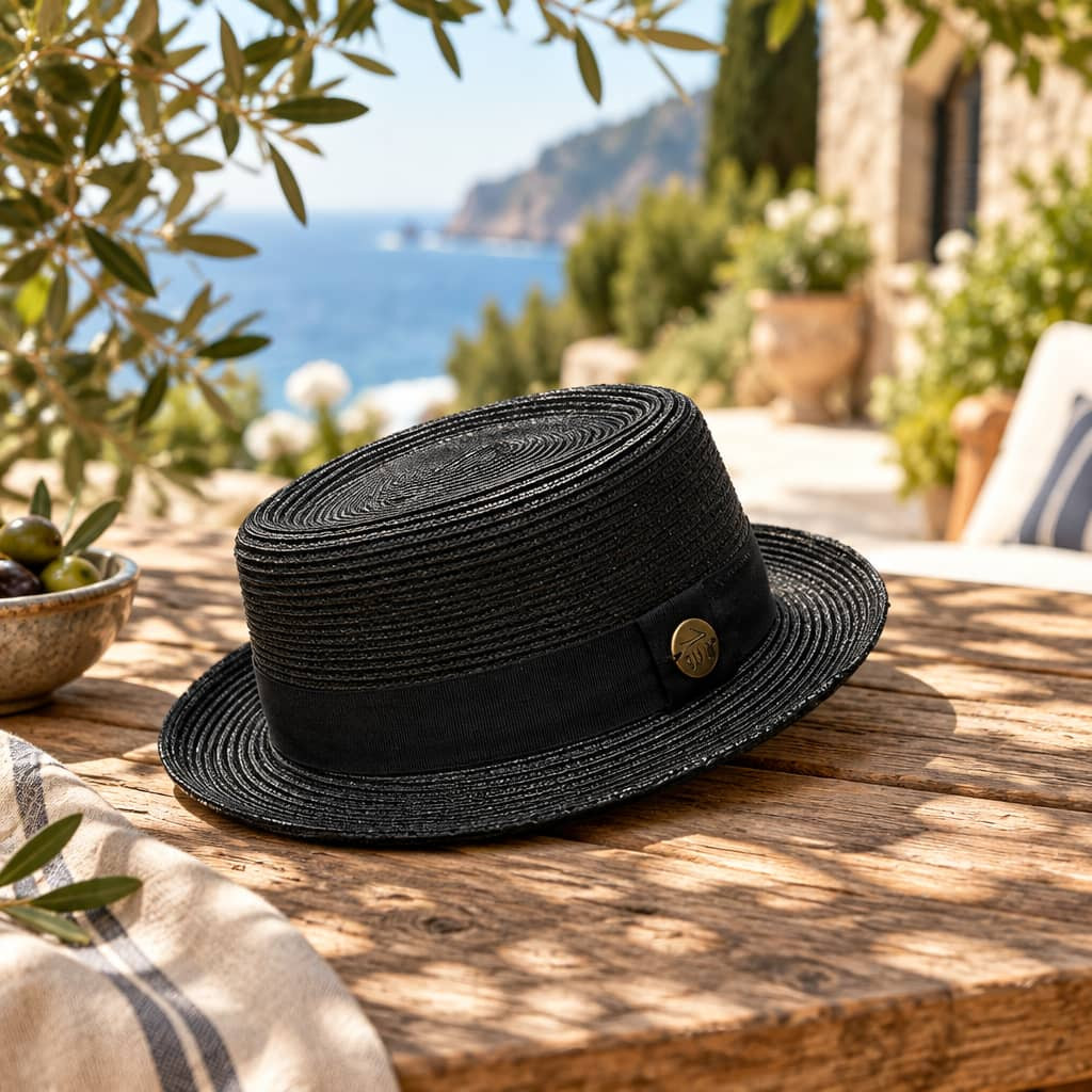 Vintage Black Straw Pork Pie Sun Hat for Men – Lightweight Breathable Summer Fedora with Grosgrain Ribbon Hatband & Metallic Emblem