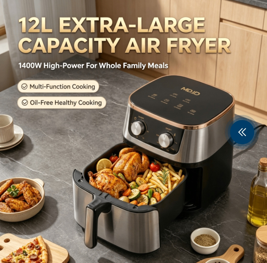 MDJD 12 Litre Extra Large Digital Air Fryer – 1400W High Power Family Capacity, Stainless Steel Oil-Free Electric Deep Fryer & Oven