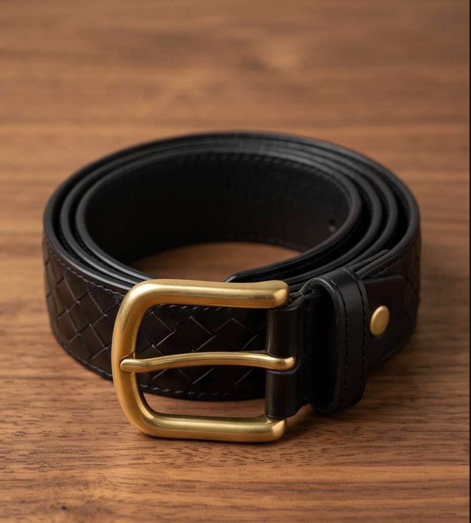 Men’s Black Woven Leather Belt with Gold Buckle
