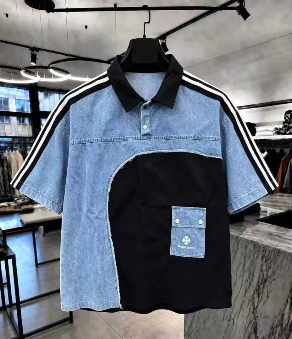 Men's Asymmetric  Colorblock Polo Shirt – Short Sleeve Casual Streetwear Shirt with Shoulder Stripe Details