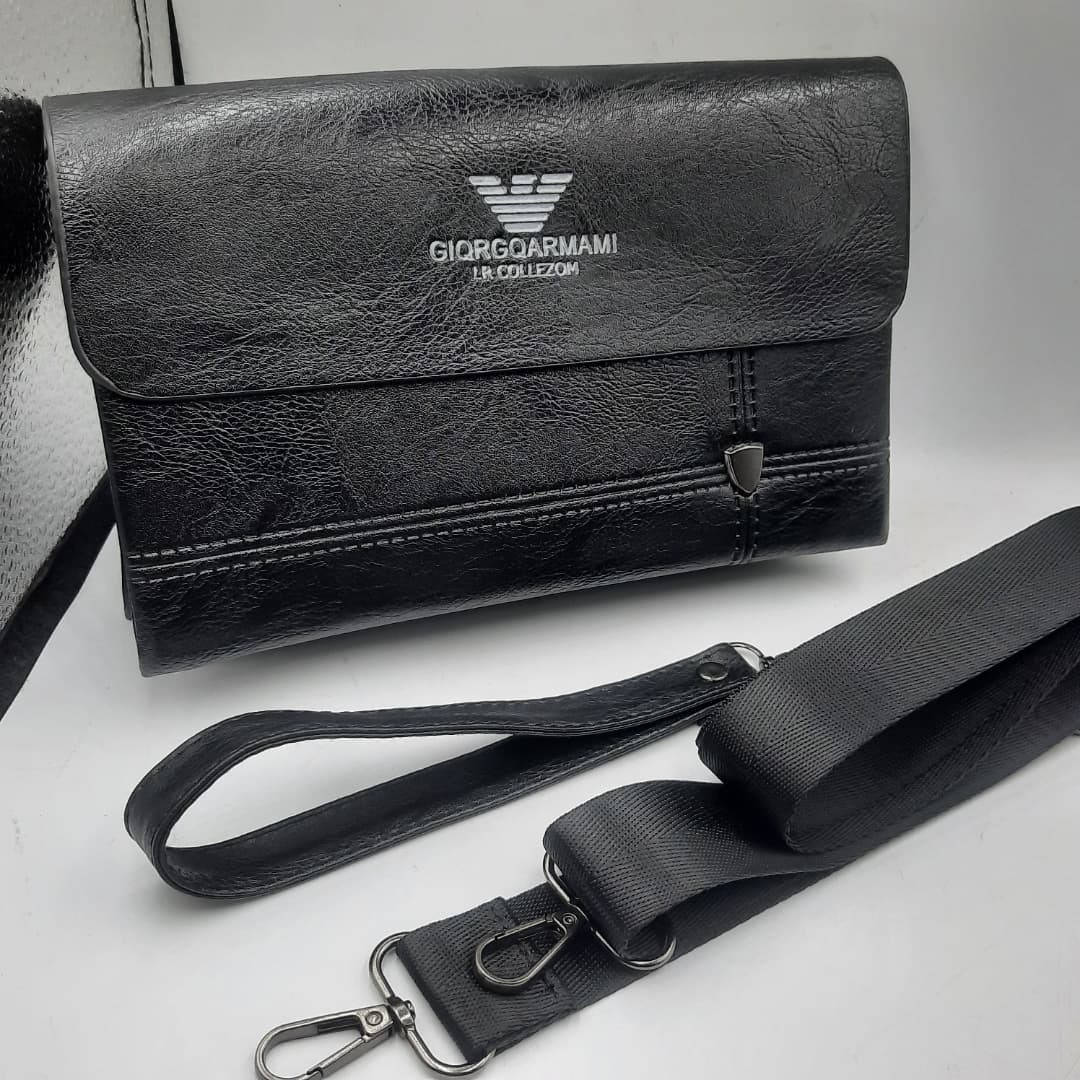 Men's Premium Black PU Leather Sling Bag / Shoulder Bag with Flap Cover, Metallic Branding, and Wristlet Strap