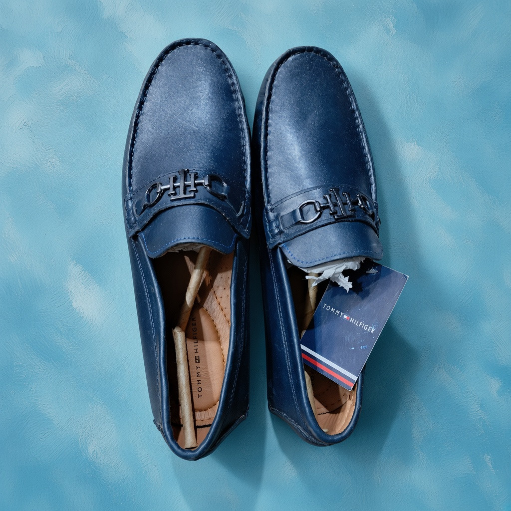 TOMMY HILFIGER Men's Executive Navy Blue Leather Slip-On Loafers with Horsebit Detail & Brand Tag
