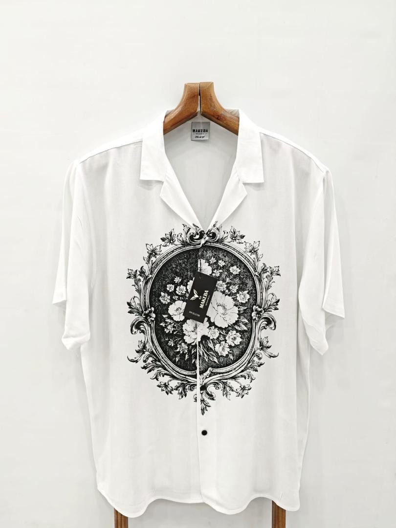 MAKEBA Premium Men's Resort Collar Casual Shirt - Monochrome Baroque Graphic Print