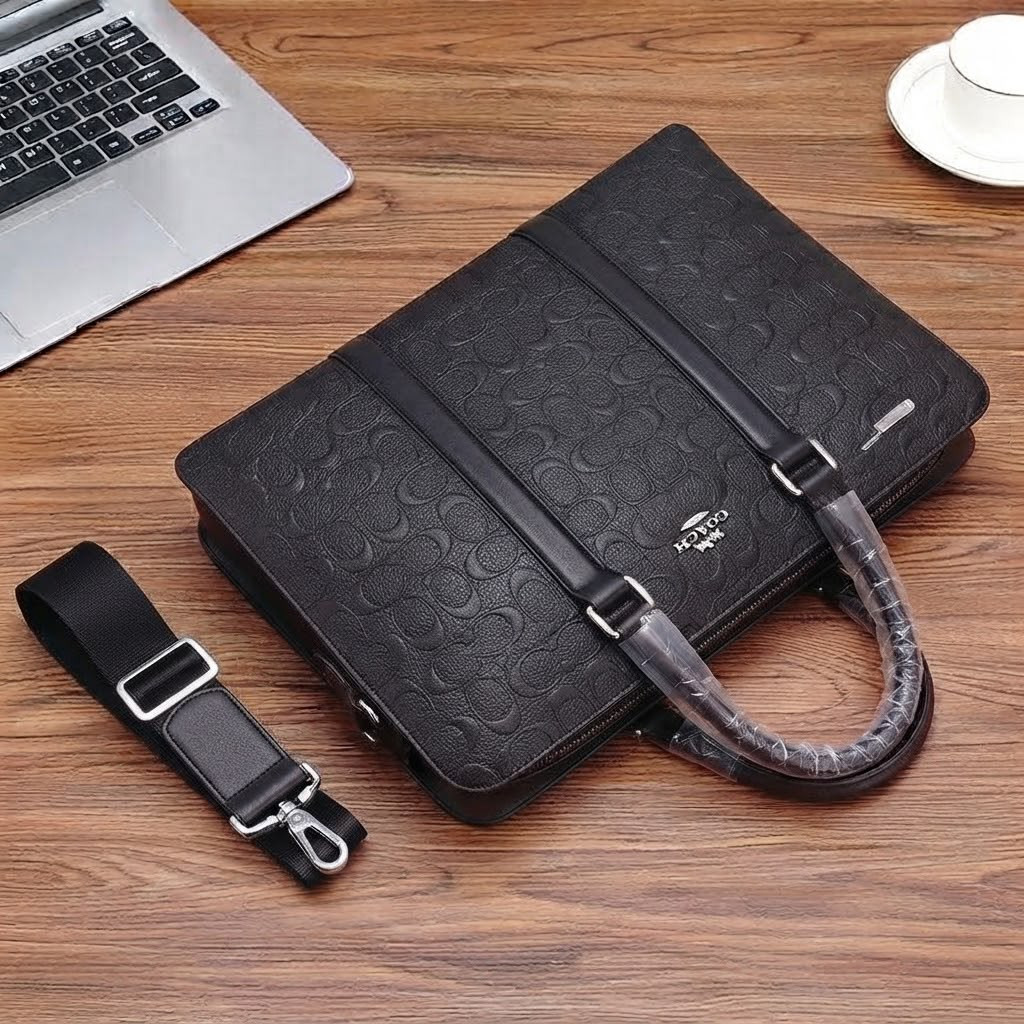 Men's Black Signature Pattern Business Briefcase with Detachable Shoulder Strap