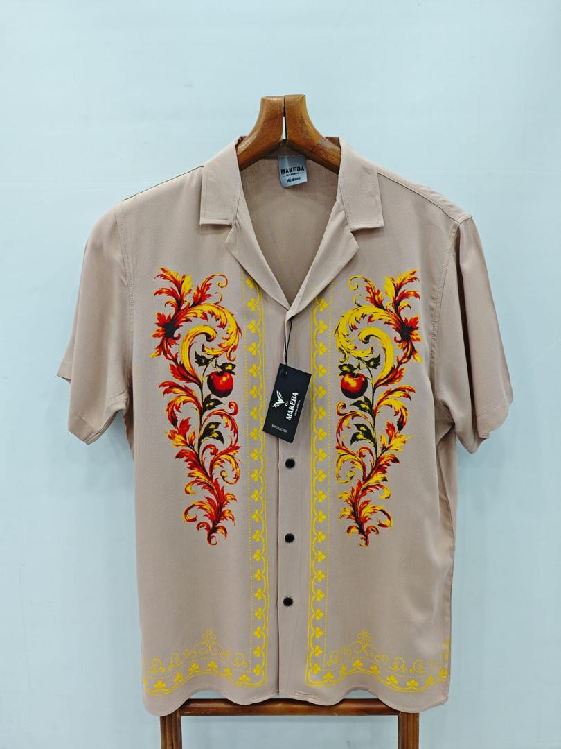 Men’s Short Sleeve Casual Shirt – Cream with Ornamental Floral Print