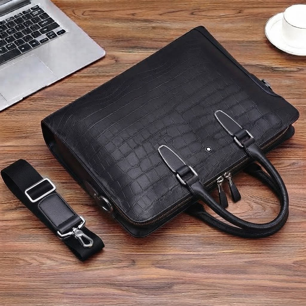Men's Luxury Black Crocodile Pattern PU Leather Executive Briefcase – Business Portfolio Laptop Bag with Shoulder Strap
