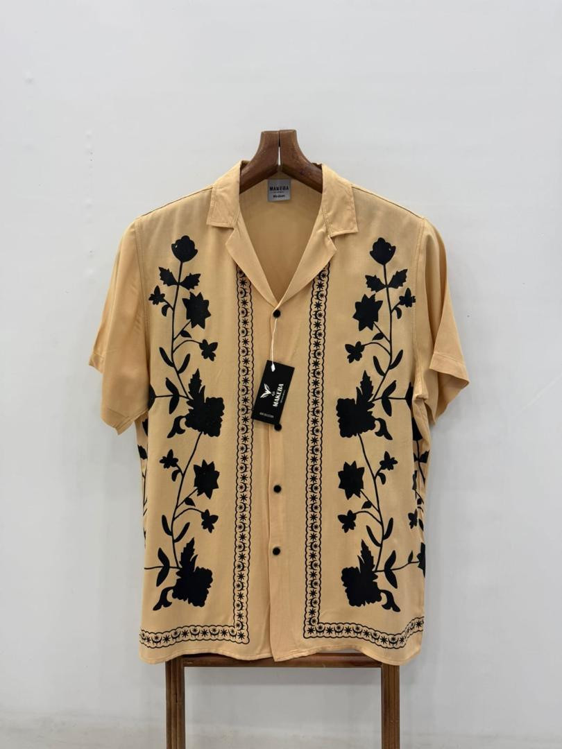 Men’s Beige Short Sleeve Cuban Collar Shirt – Black Floral Embroidery