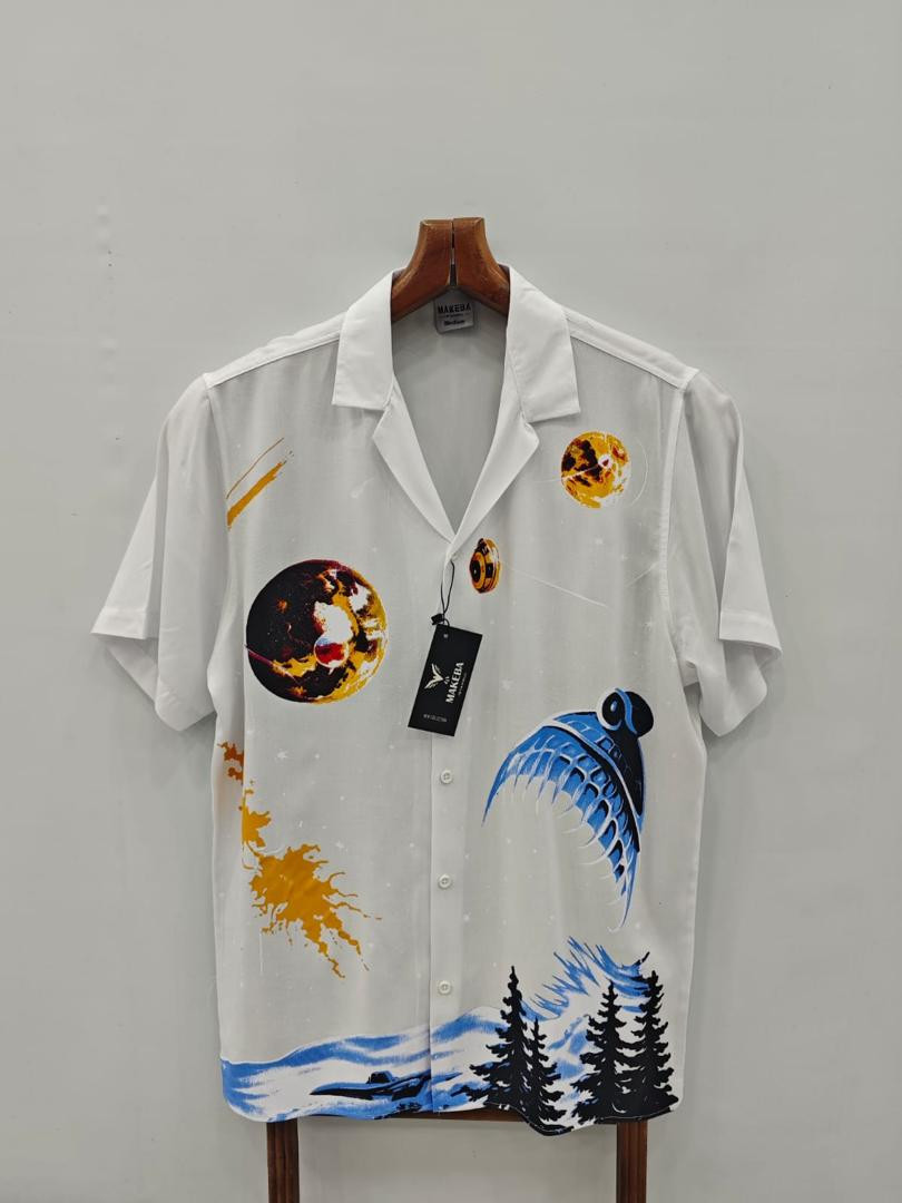 Men’s Short Sleeve Casual Shirt – White with Artistic Blue, Gold & Black Print