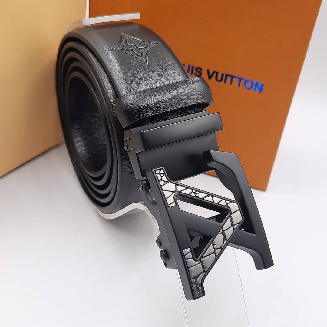 Louis Vuitton Black Leather Belt with Geometric LV Buckle