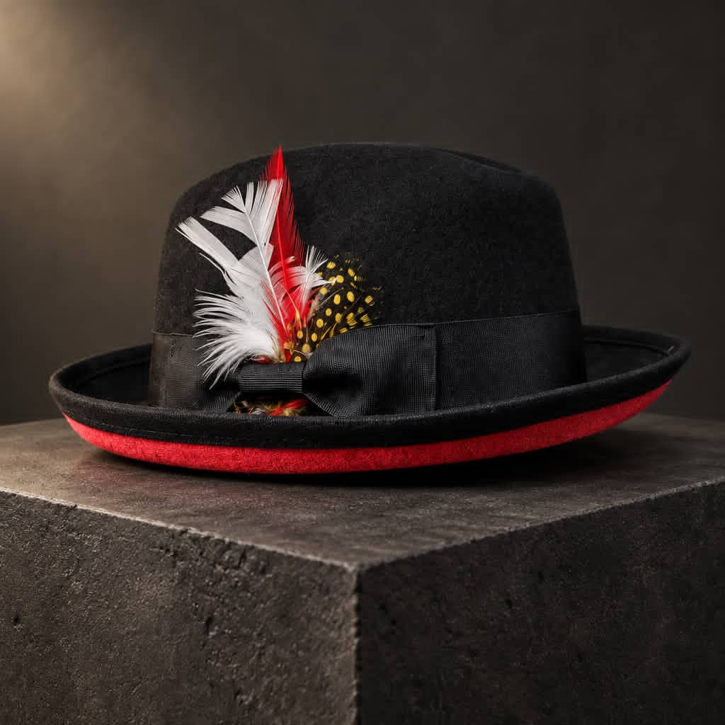 Men's & Women's Stylish Black Felt Fedora Cap with Black Ribbon Bow, Red Under-Brim & Multi-Color Feather Plume