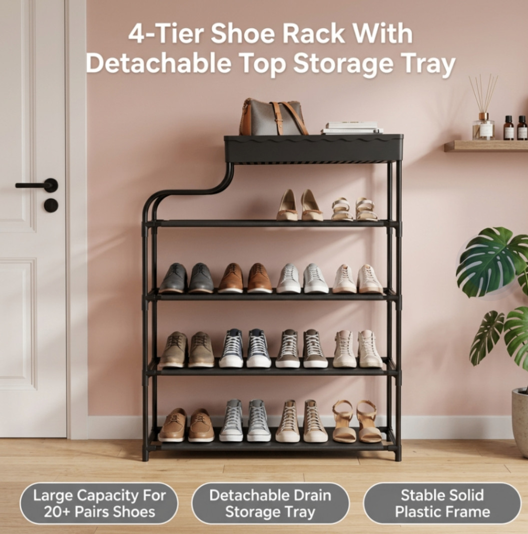 Modern 4-Tier Shoe Shelf Organizer – Detachable Drain Top Storage Tray, High Capacity Holds 20+ Pairs for Entryway & Bedroom