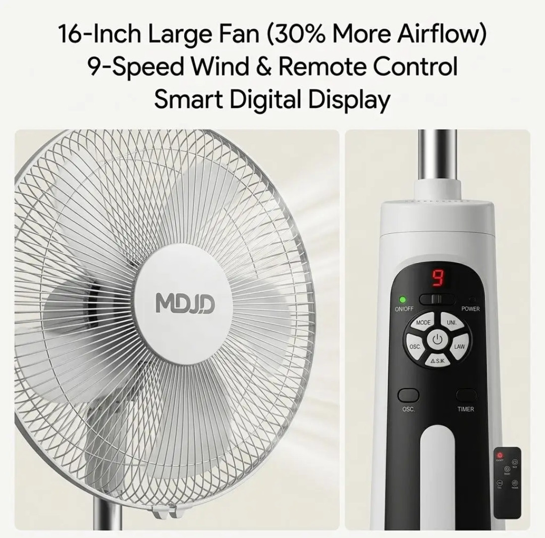 MDJD 16-Inch Heavy-Duty Rechargeable Standing Pedestal Fan – Tight Mesh Safety Metal Grill, Quiet Motor & Stable Weighted Base