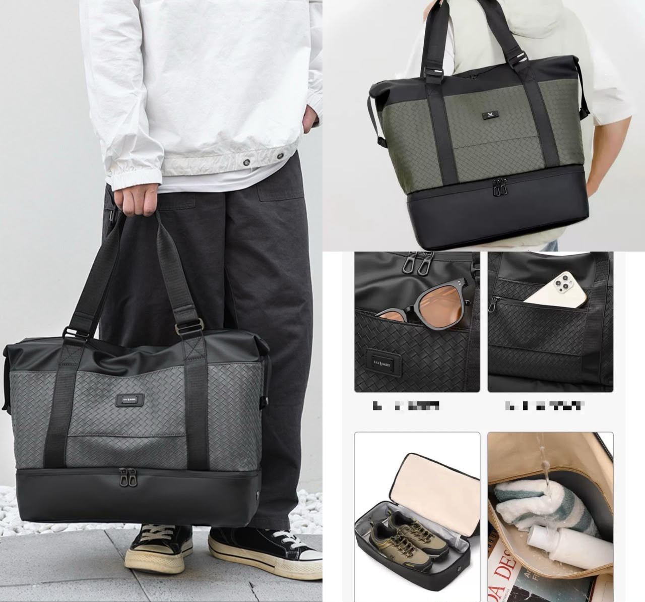 Men's Woven-Pattern Sports Gym Duffle Bag – Waterproof Travel Holdall in Two-Tone Grey & Black with Independent Shoe Storage