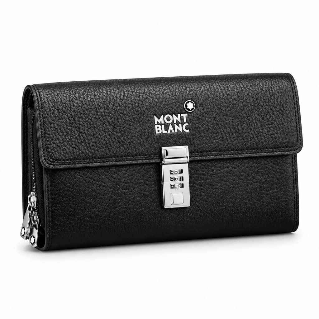 Men's Luxury Black Textured Leather Clutch Bag with Security Code Dial Lock and Double Zipper Compartments
