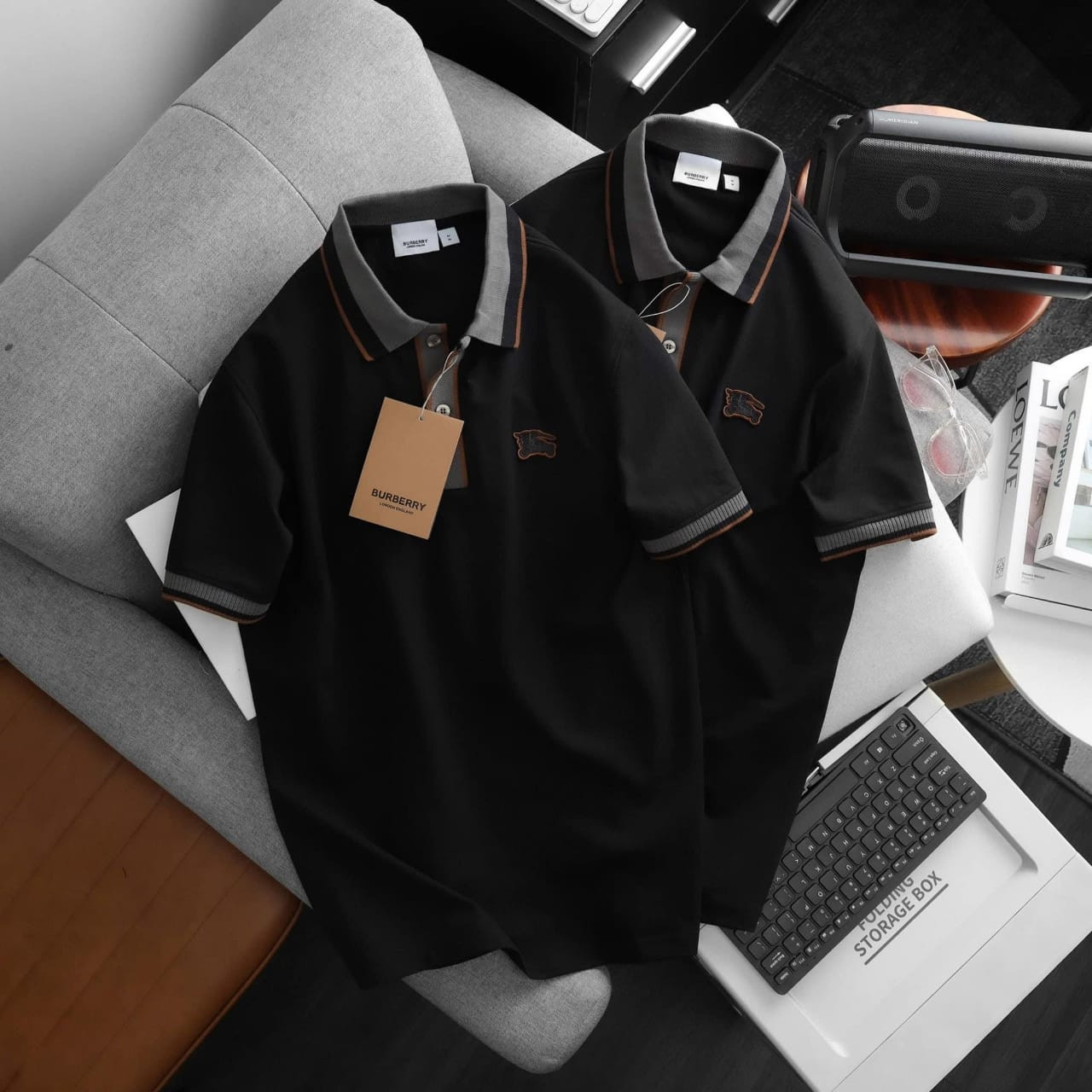 BURBERRY Men’s Short Sleeve Polo Shirt – Navy Blue with Contrast Ribbed Collar & Cuffs