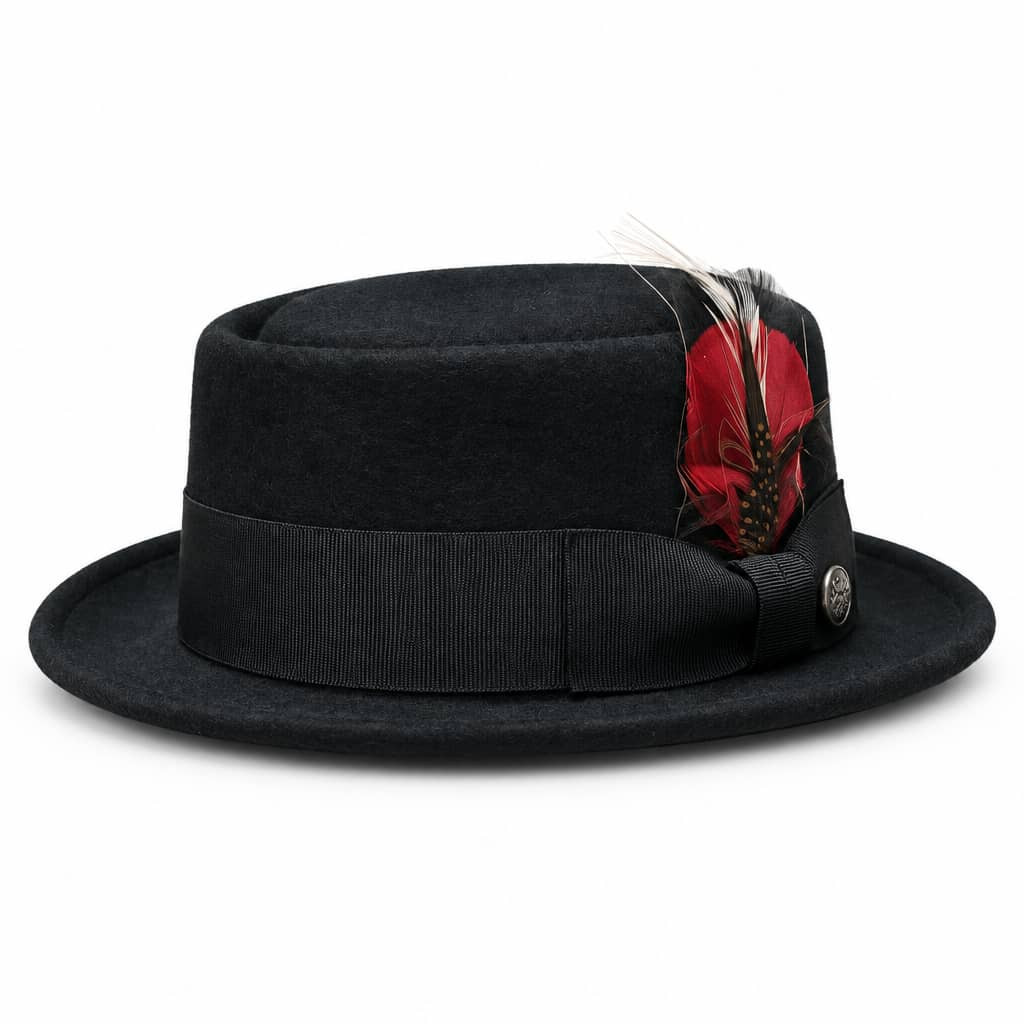 Vintage Black Wool Felt Pork Pie Hat for Men – Structured Dress Hat with Wide Ribbon Hatband, Crest Stud & Feather Plume Accent