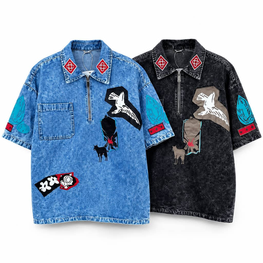 Men's Vintage Acid-Washed Denim Half-Zip Short-Sleeve Shirt